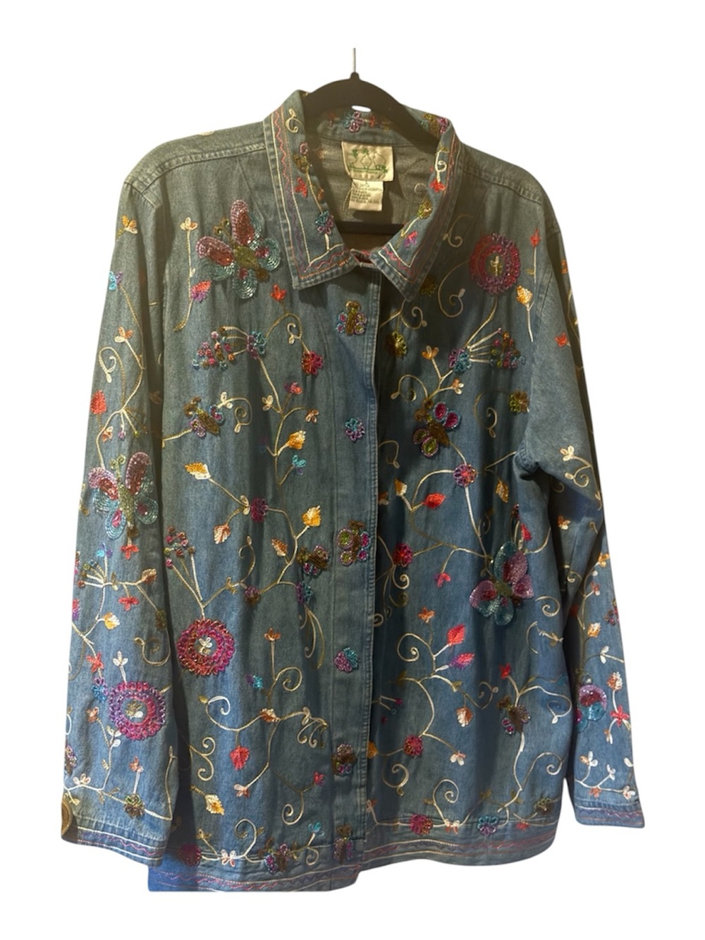 Quacker Factory Embroidered Blue Denim Jacket with Multicolor Floral Accents